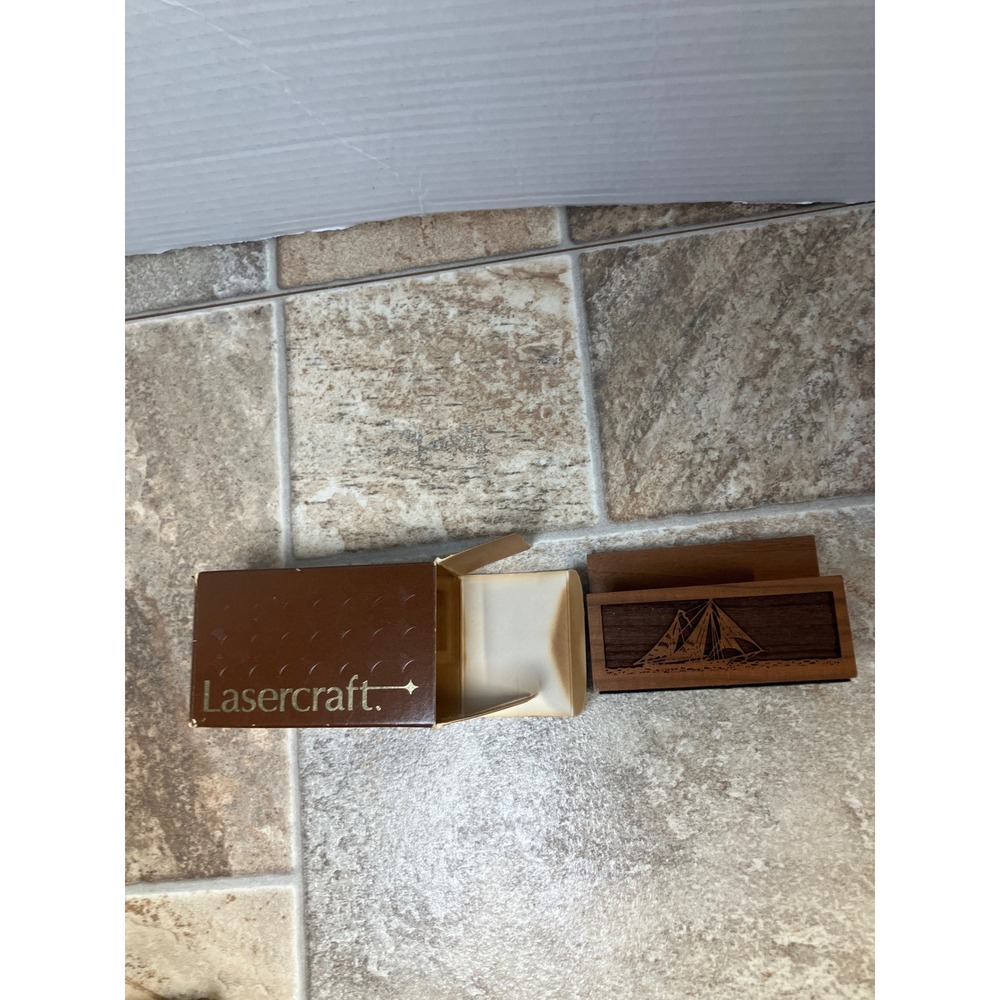 Laser Engraved Solid American Walnut Sailboat Business Card Holder Desk Decor